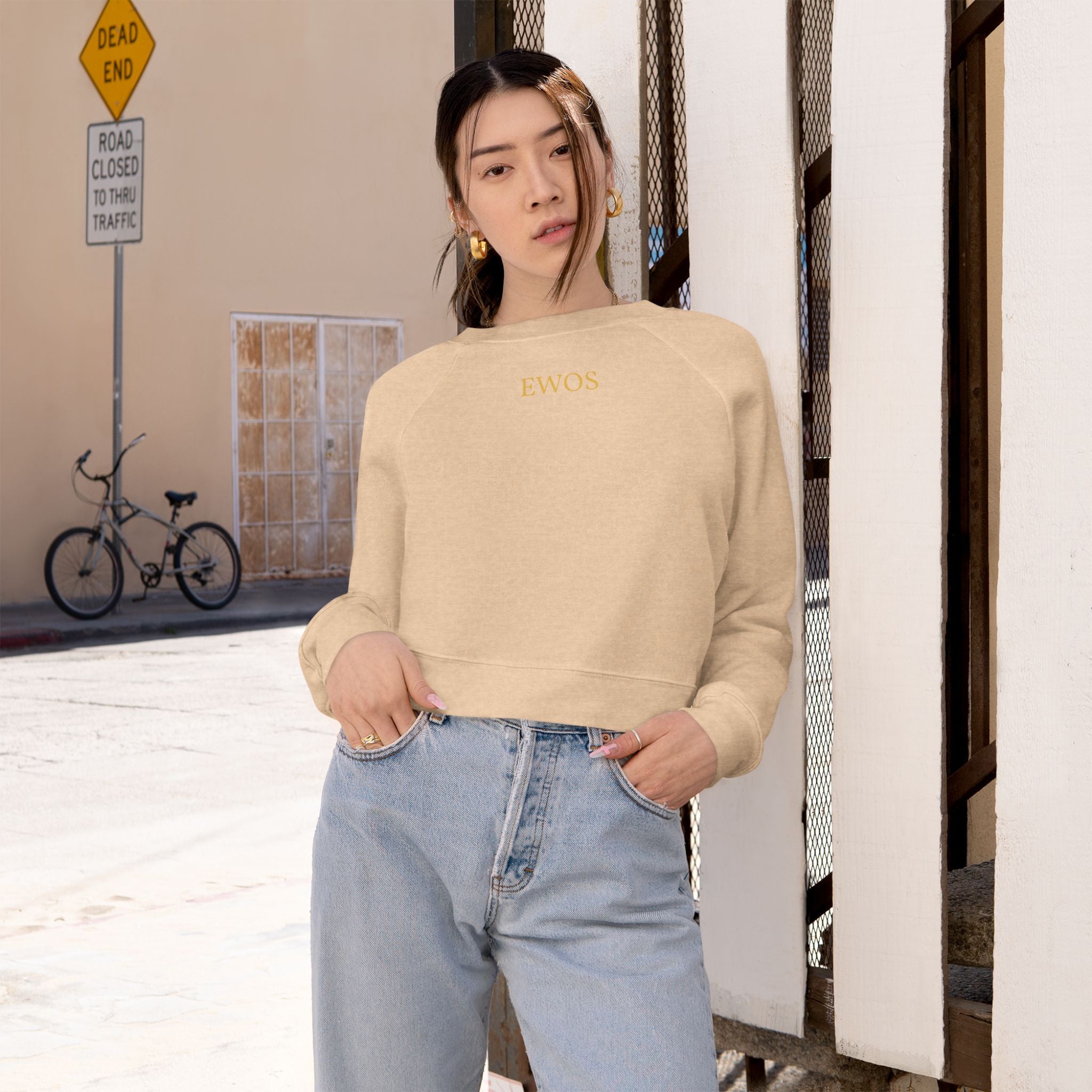 Minimal Gold Script Pullover | Cropped Fleece Pullover, Beige